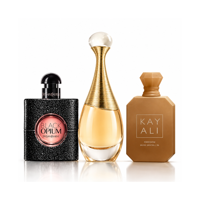 Комплект от 3 парфюма | Black Opium YSL Eau de Parfum – 90 ml | J’adore Dior Eau de Parfum – 100 ml | Freedom Musk Santal | 34 Kayali Eau de Parfum – 100 ml